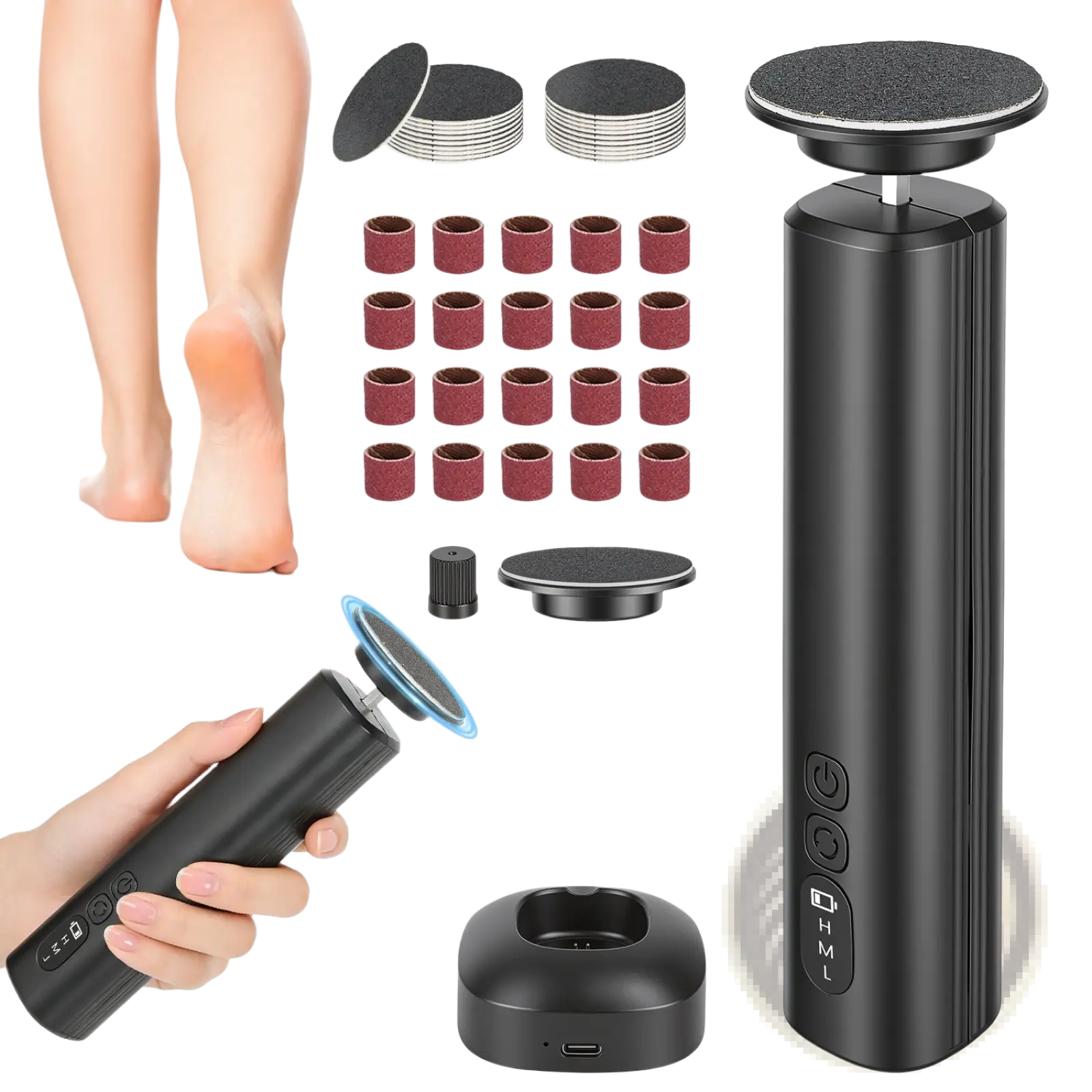 Black cylindrical electric foot callus remover and nail grinder kit with interchangeable abrasive discs for smooth feet