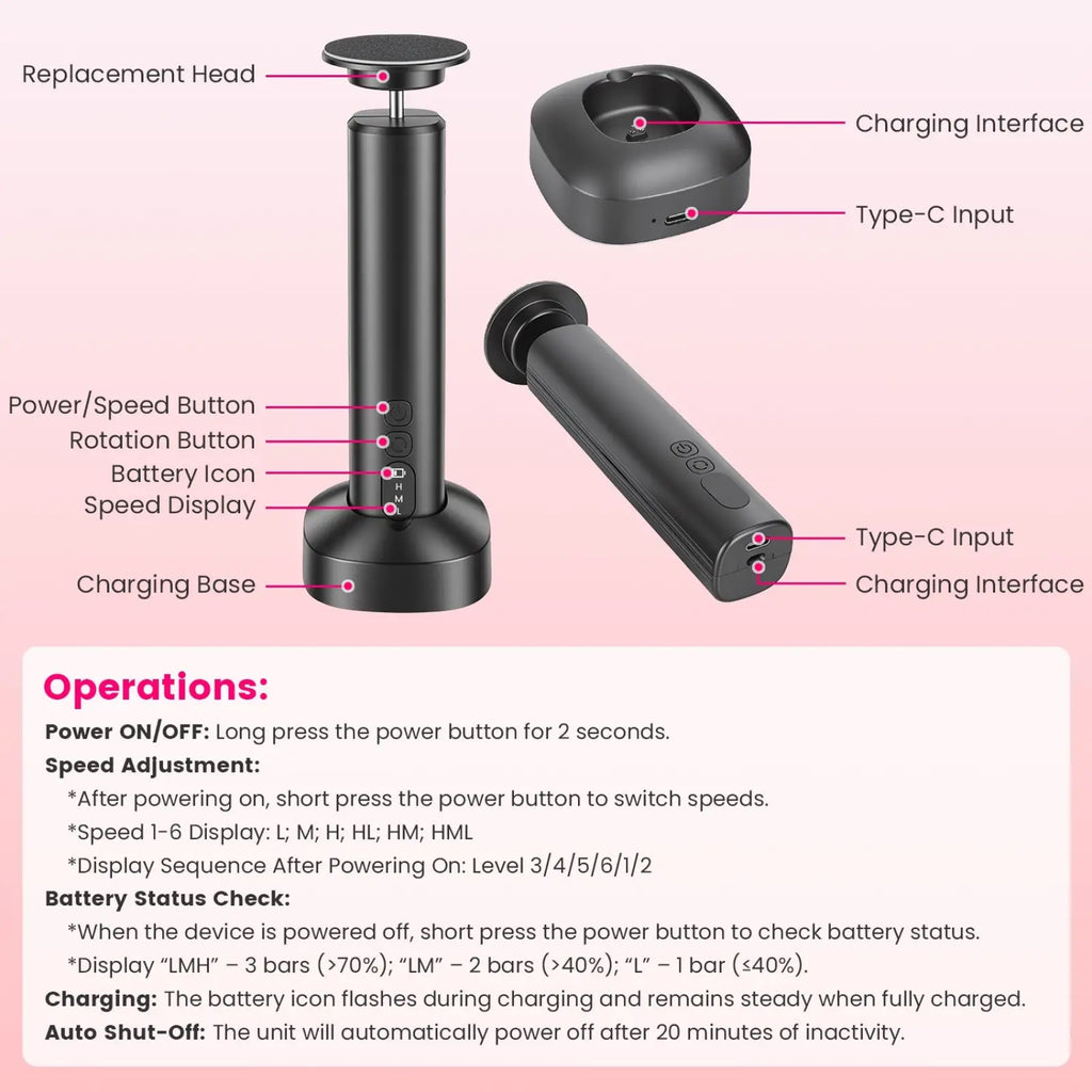 Black cylindrical electric toothbrush with type-c charging base shown with electric foot callus remover and nail grinder kit