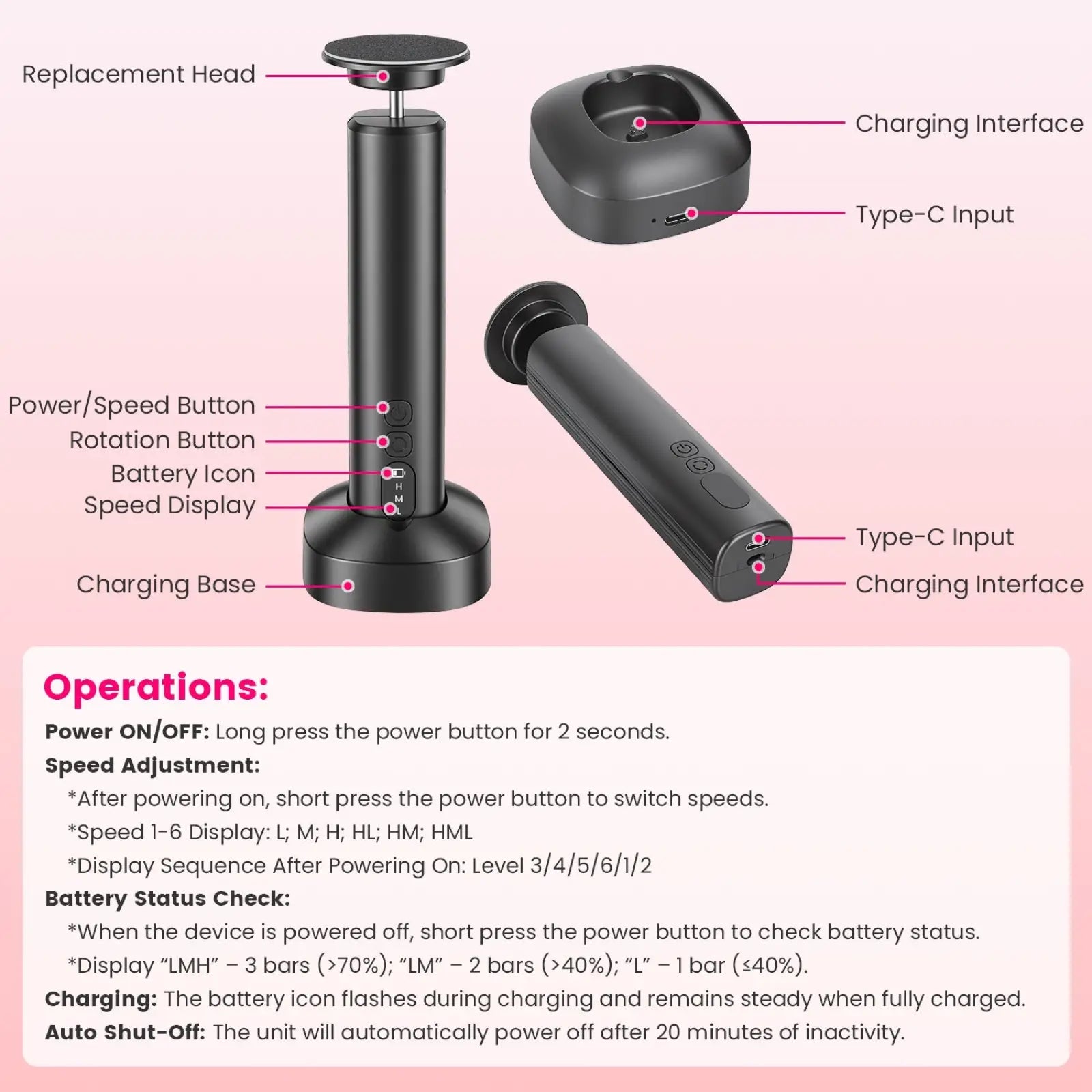 Black cylindrical electric toothbrush with type-c charging base shown with electric foot callus remover and nail grinder kit