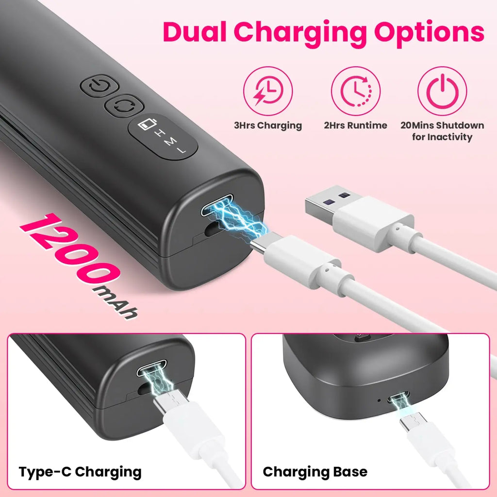 Black cylindrical portable charger with dual charging options and 1200 mah for electric foot callus remover kit