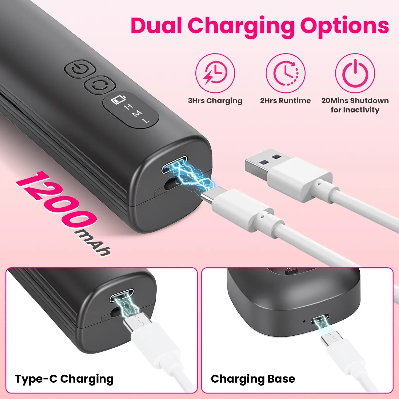 Black cylindrical portable charger with dual charging options and 1200 mah for electric foot callus remover kit