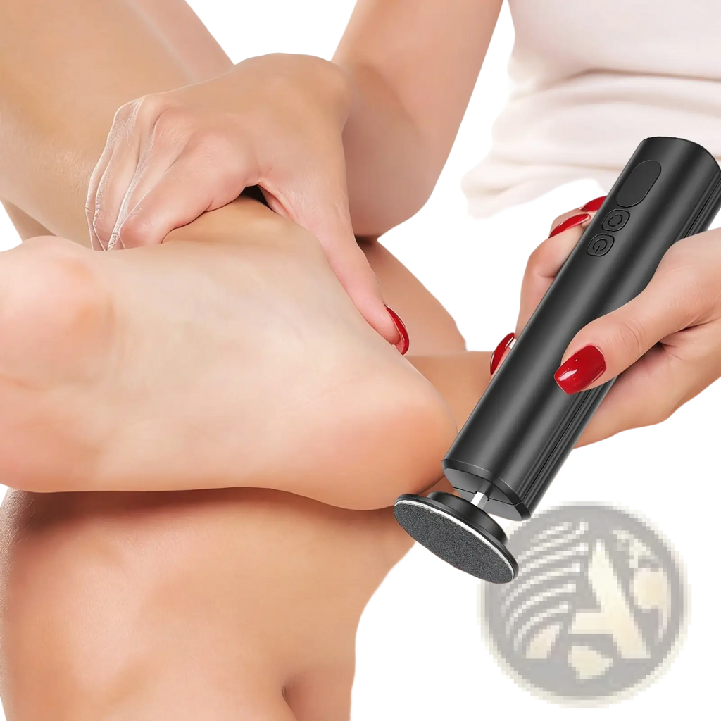 Black cylindrical electric foot callus remover with textured grip and circular treatment head for nail grinding kit