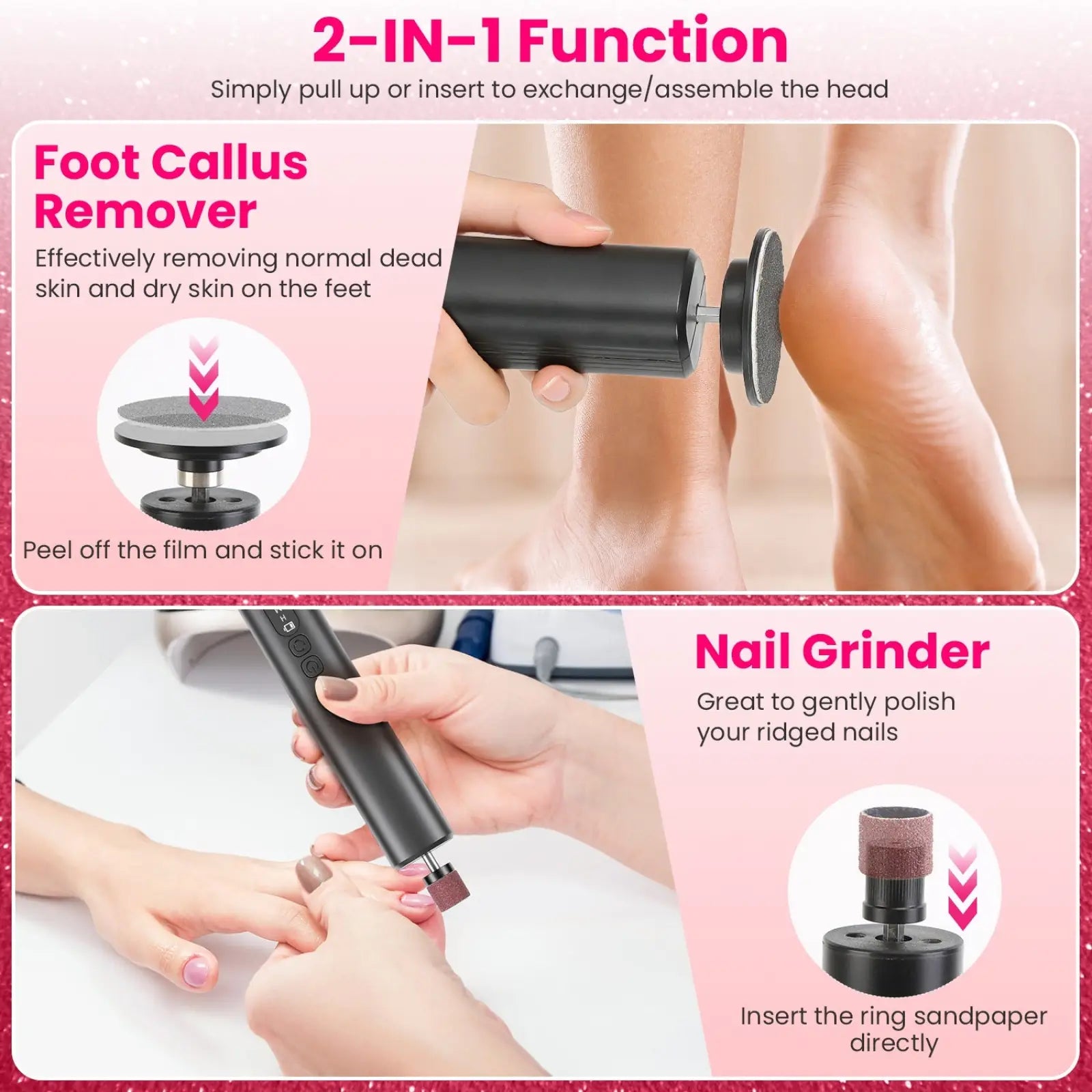 Black handheld electric foot callus remover and nail grinder kit with interchangeable heads for home use