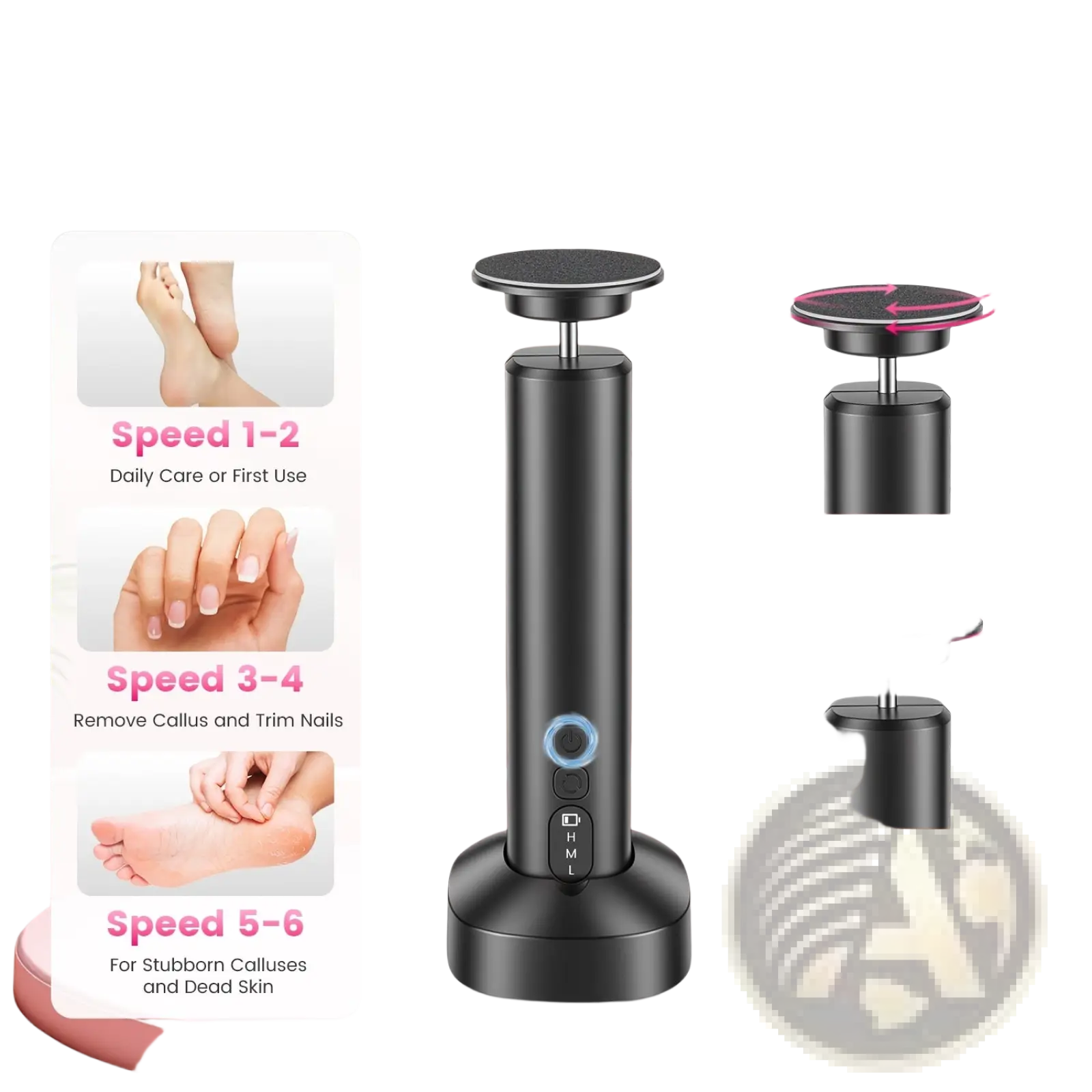 Black electric foot callus remover and nail grinder kit with adjustable speed for daily callus and skin treatment