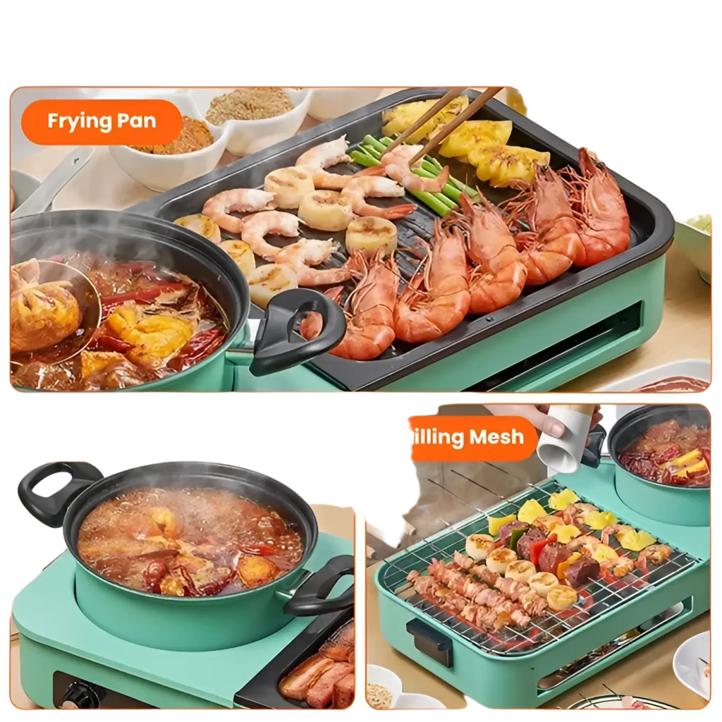 Teal 3-in-1 electric grill and hot pot combo with frying pan, grilling mesh, and 1600w multi-cooker features