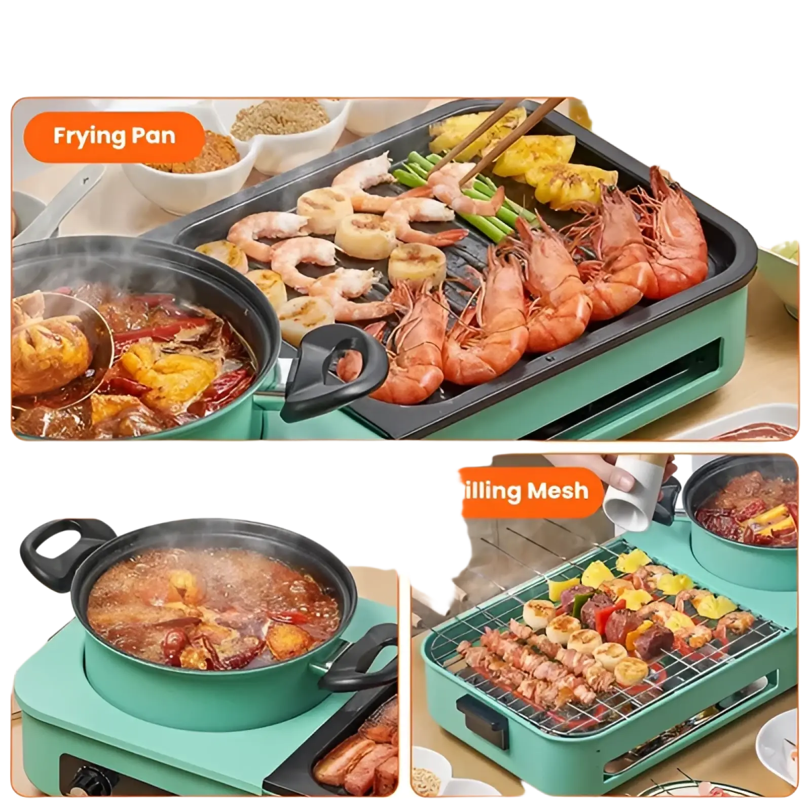 Teal 3-in-1 electric grill and hot pot combo with frying pan, grilling mesh, and 1600w multi-cooker features