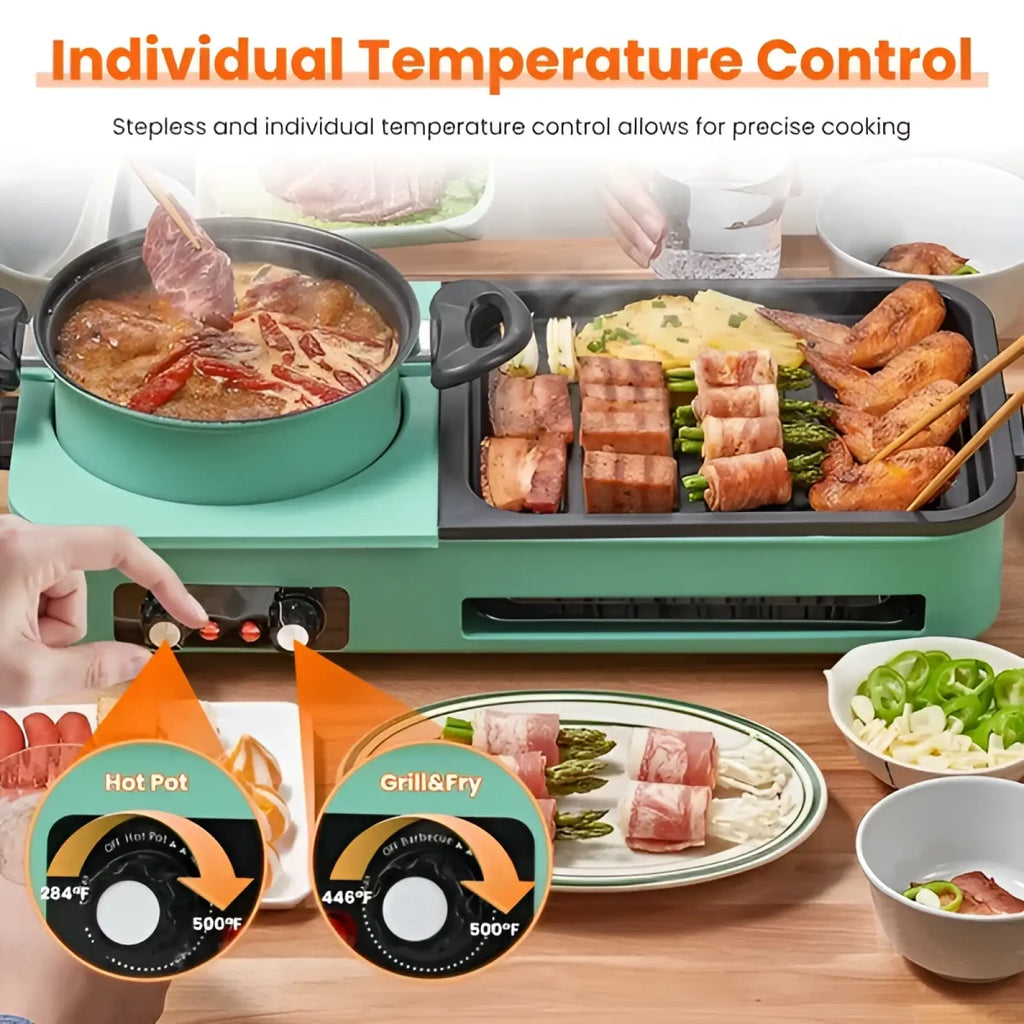 Teal electric grill and hot pot combo 1600w multi-cooker with separate hot pot and grill fry zones for versatile cooking