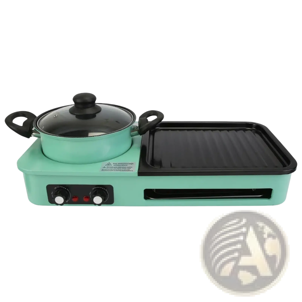Mint green electric grill and hot pot combo with black handles glass lid and ribbed grilling surface 1600w multi-cooker