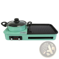 Mint green electric grill and hot pot combo with black handles glass lid and ribbed grilling surface 1600w multi-cooker