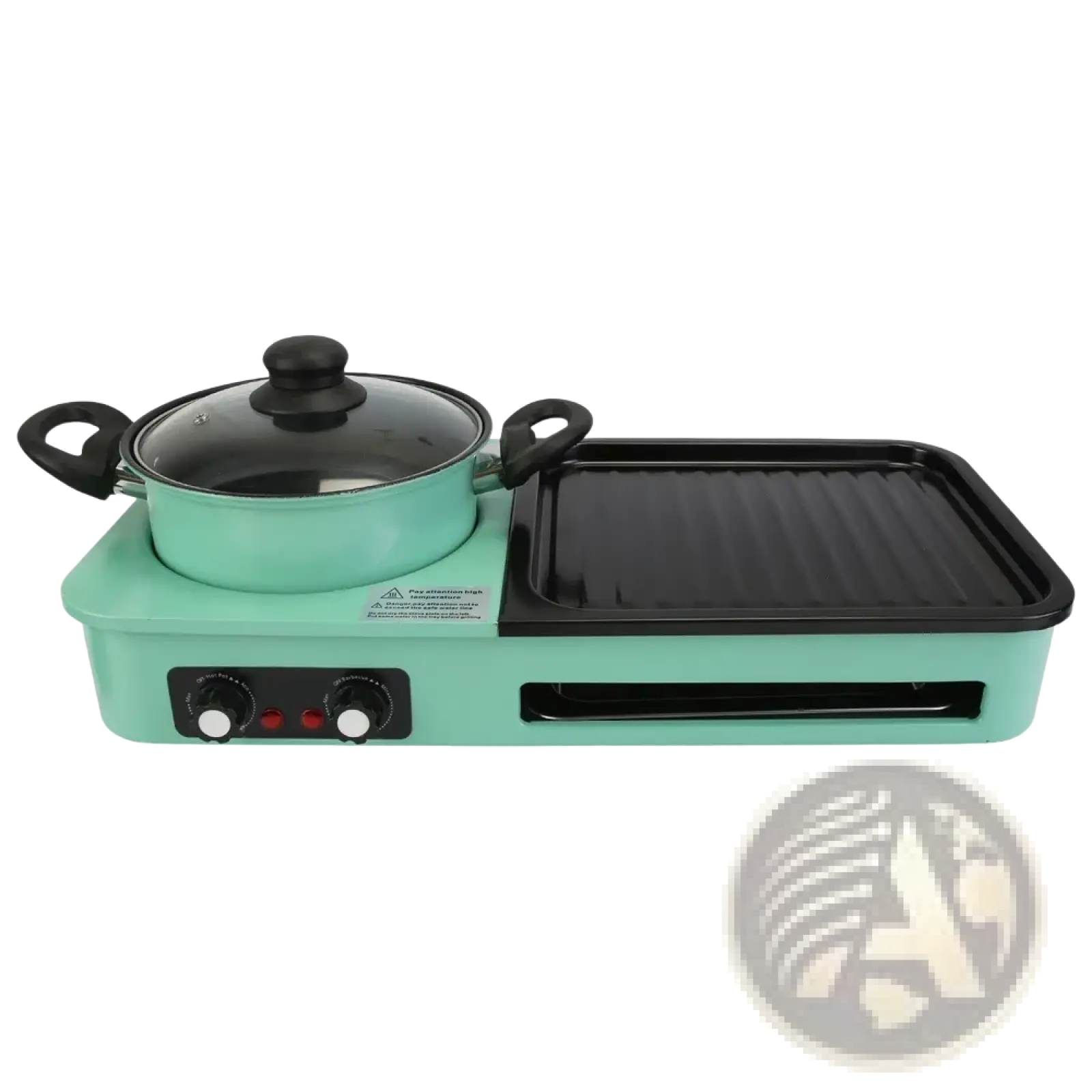 Mint green electric grill and hot pot combo with black handles glass lid and ribbed grilling surface 1600w multi-cooker