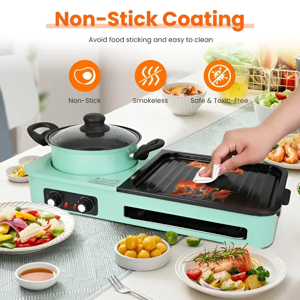 Mint green electric grill and hot pot combo with non-stick surface and glass lid 1600w multicooker