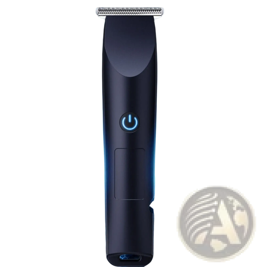 Black cordless electric hair clippers beard trimmer set with sleek modern design and glowing blue power button