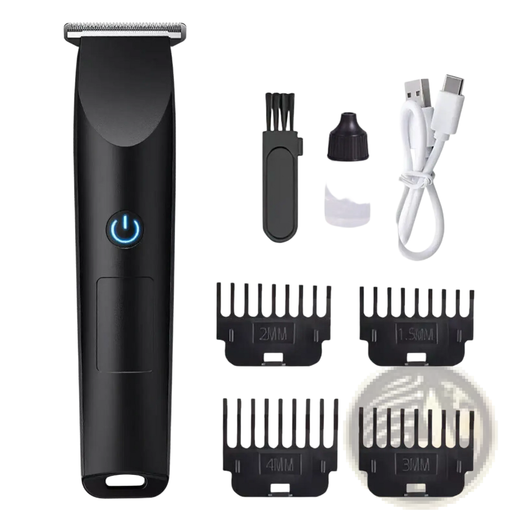 Black cordless electric hair trimmer with blue power button and included accessories in cordless beard trimmer set