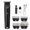 Black cordless electric hair trimmer with blue power button and included accessories in cordless beard trimmer set