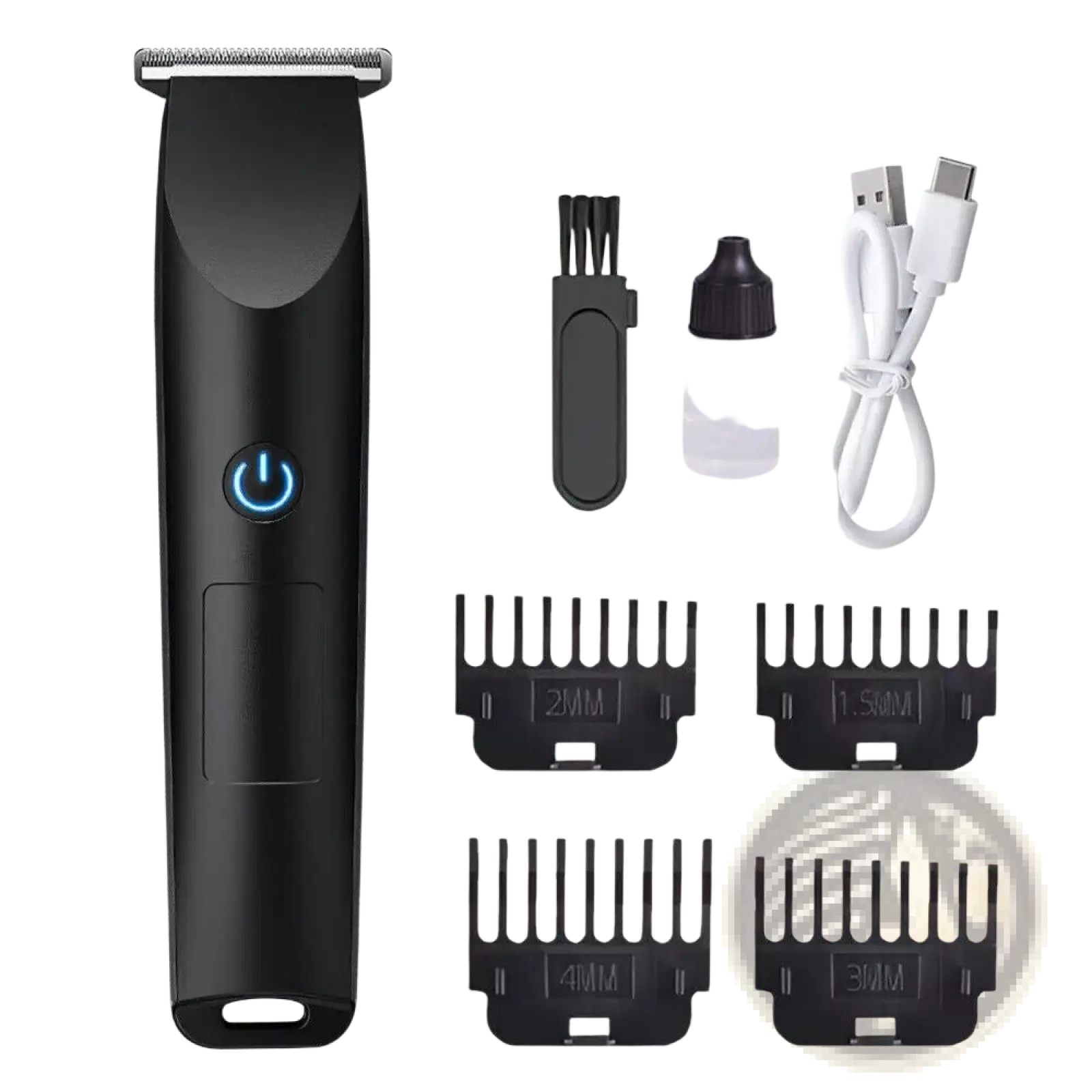 Black cordless electric hair trimmer with blue power button and included accessories in cordless beard trimmer set