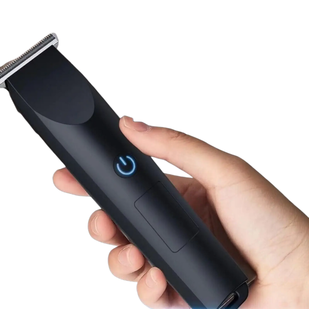 Black cordless electric hair trimmer with sleek ergonomic design and blue power button illumination for beard grooming