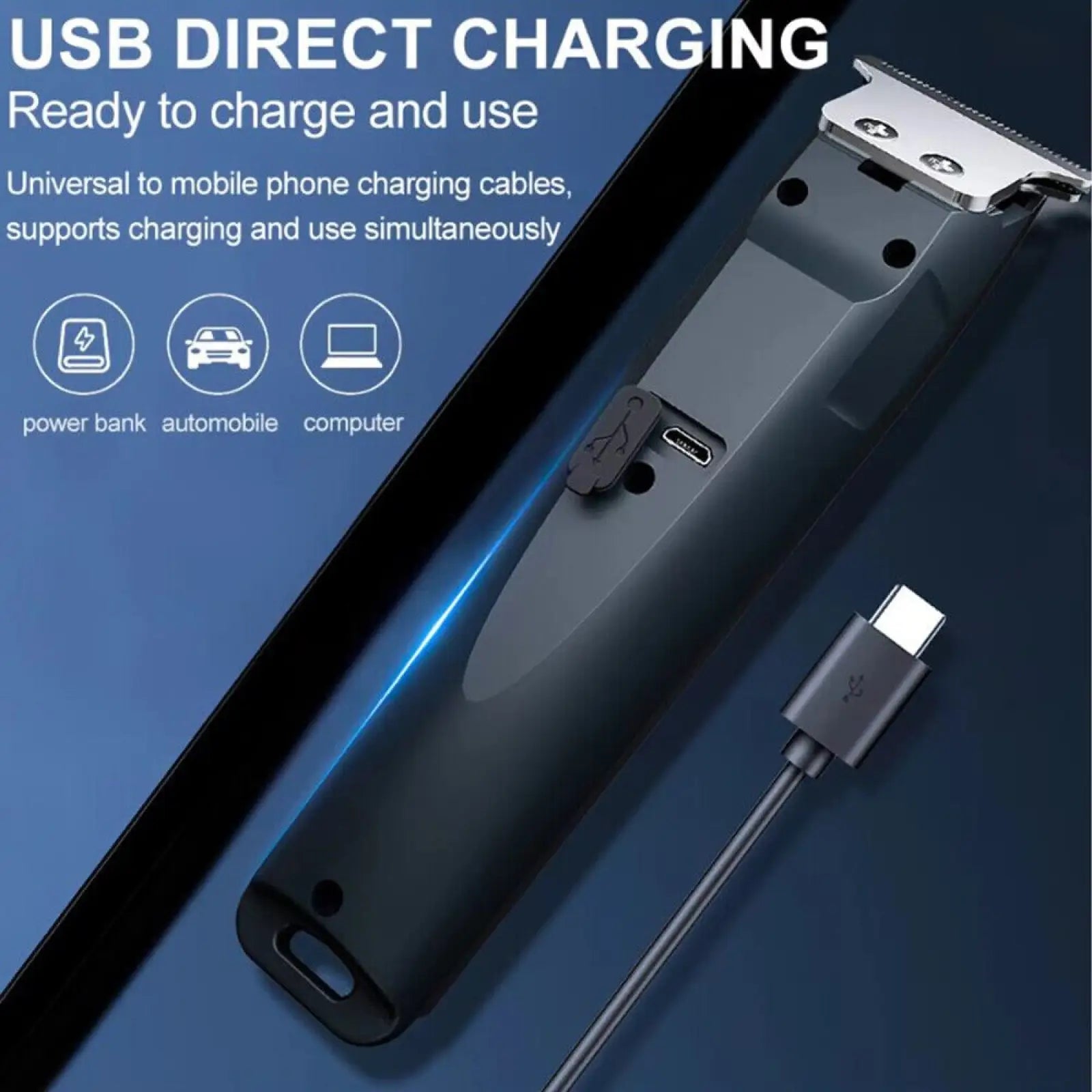 Black usb direct charging cordless electric hair trimmer with silver metallic blade guard and matching usb-c cable