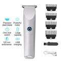 Silver cordless electric hair clipper with precision steel blade and multiple black comb attachments for beard trimming