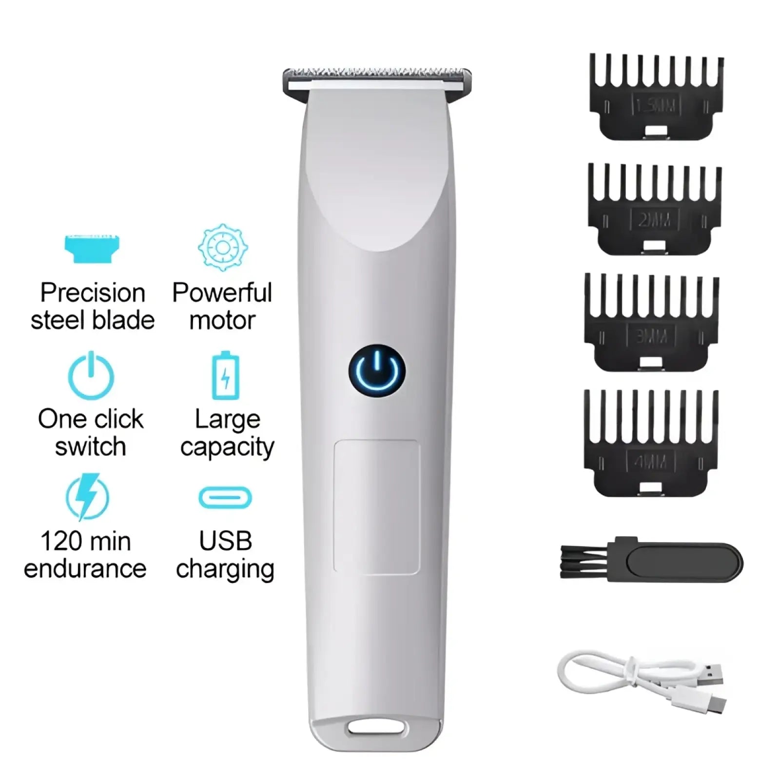 Silver cordless electric hair clipper with precision steel blade and multiple black comb attachments for beard trimming