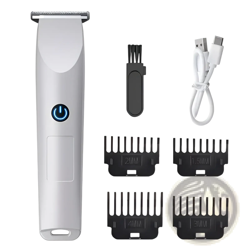 White cordless electric hair clippers with blue power button and ergonomic design for beard trimming