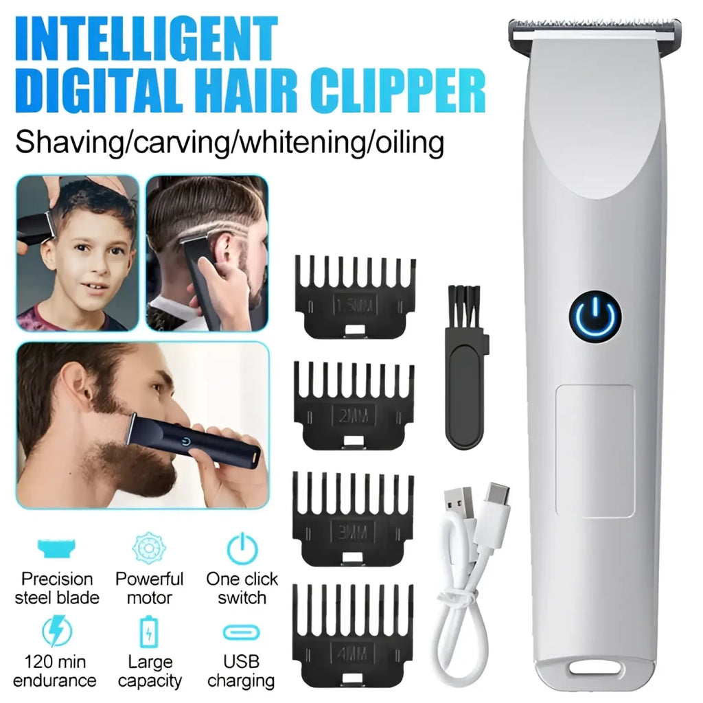 White intelligent cordless electric hair clipper with blue power button and usb charging cable for beard trimming