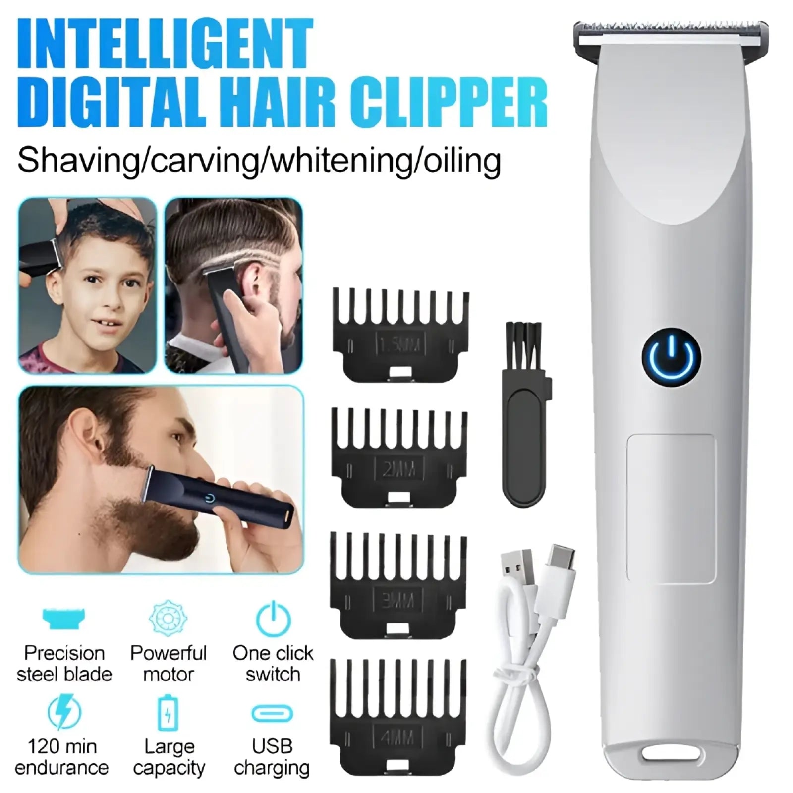 White intelligent cordless electric hair clipper with blue power button and usb charging cable for beard trimming