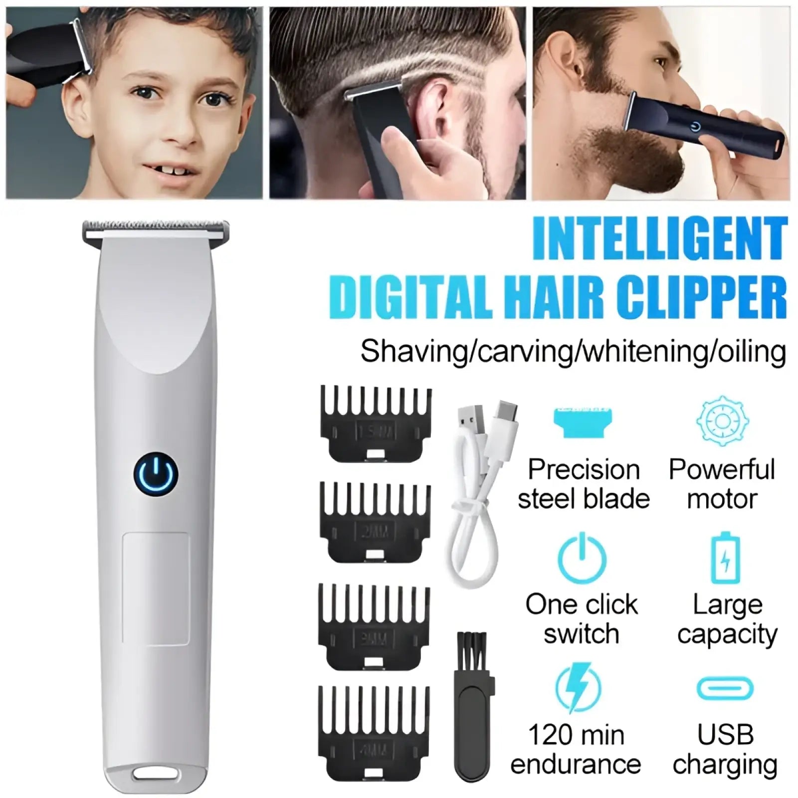 Silver electric hair clippers cordless beard trimmer with precision steel blade and usb charging capability white