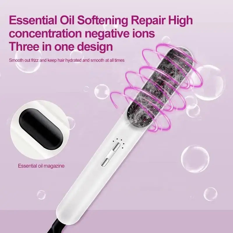 White electric hair straightener brush with ergonomic design and black essential oil spray magazine attached