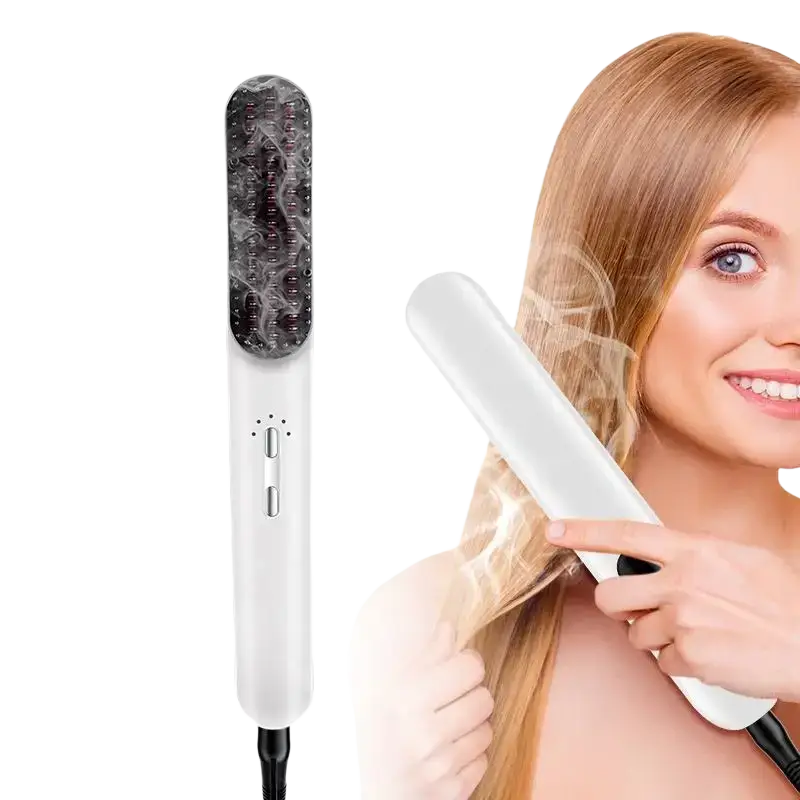 White electric hair straightener brush with textured dark gray ceramic plate and silver control buttons with oil spray