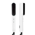 Electric hair straightener brush with oil spray in white and black featuring a brush attachment for styling