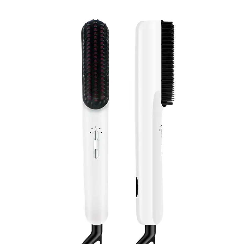 Electric hair straightener brush with oil spray in white and black featuring a brush attachment for styling