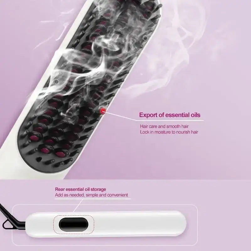 Electric hair straightener brush with oil spray in white and black featuring red-tipped bristles for smooth styling