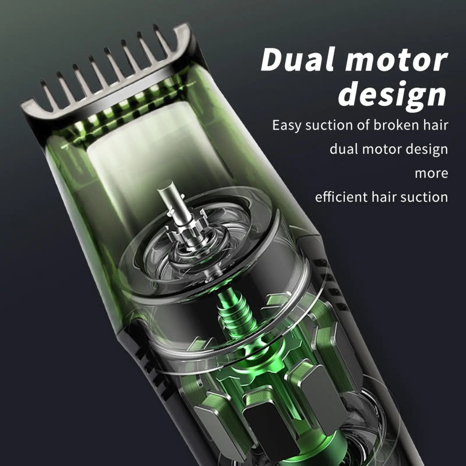 Green and black electric hair trimmer with vacuum and dual motor design featuring a digital display