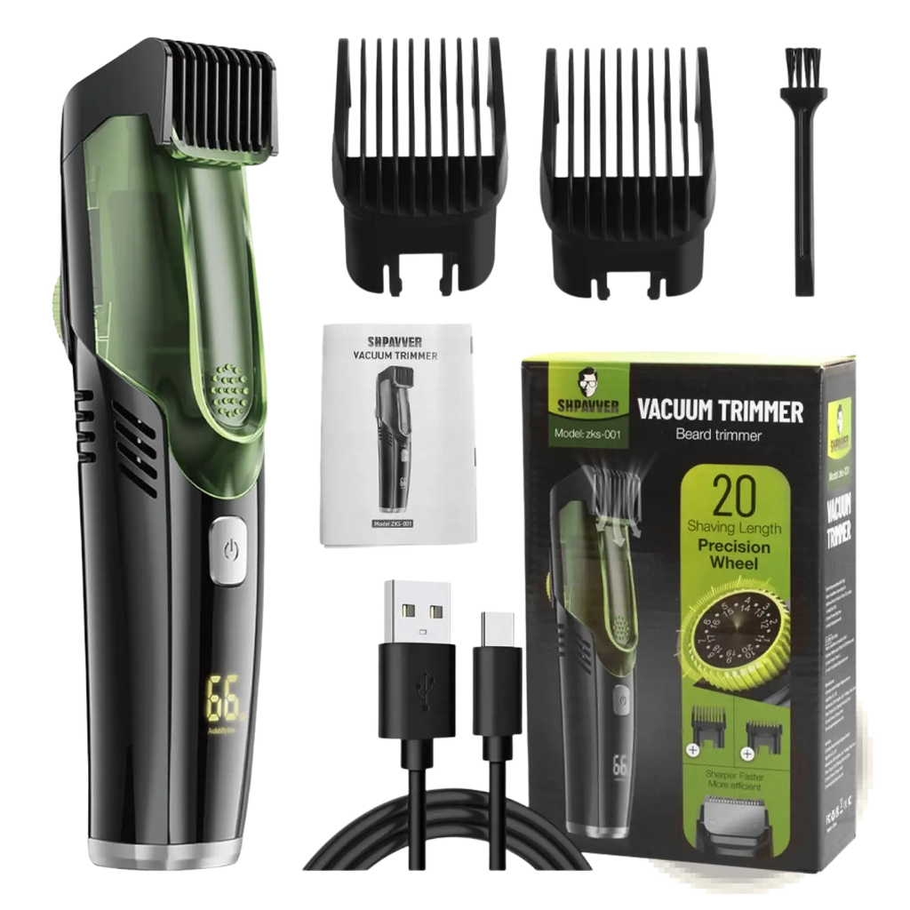 Black and green electric hair trimmer with vacuum, digital display, and precision wheel for beard grooming