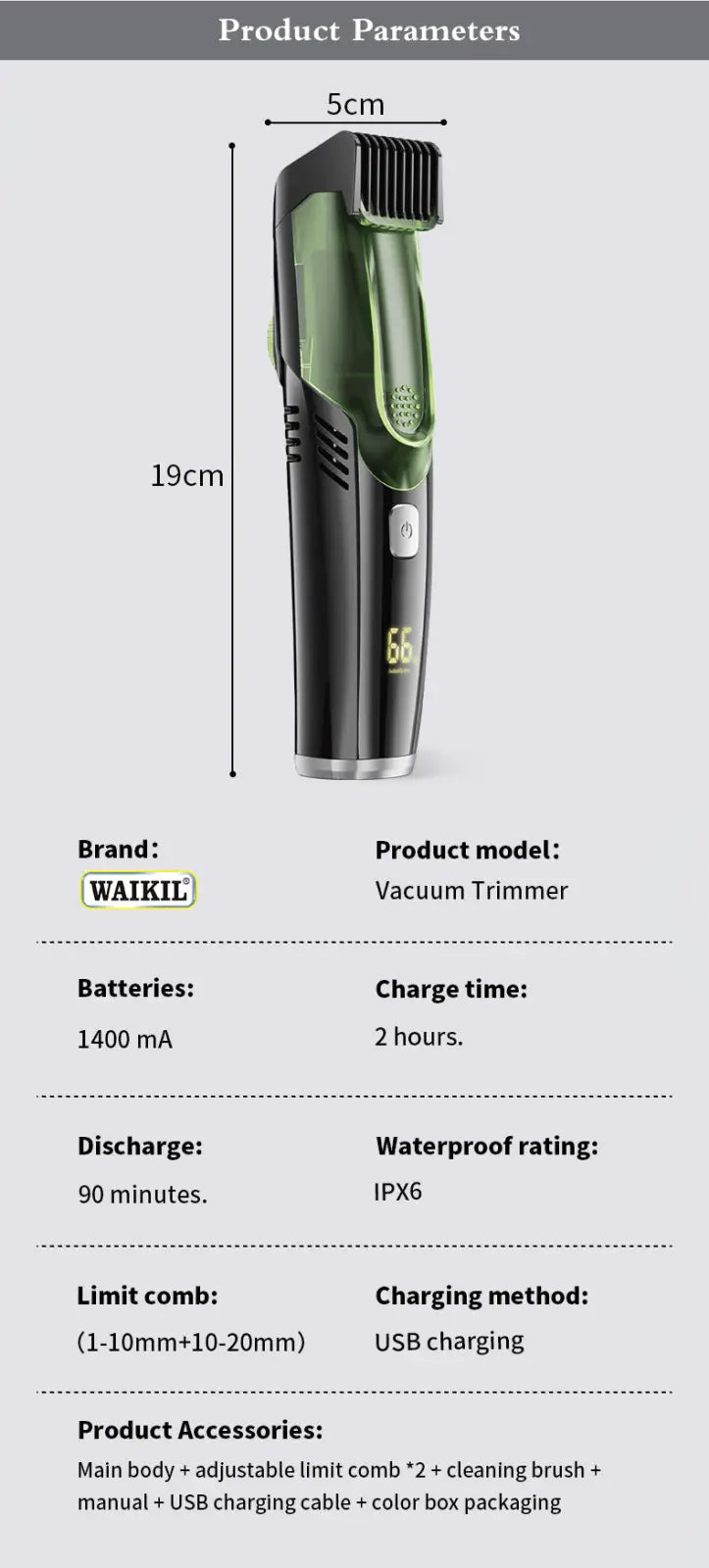 Electric hair trimmer with vacuum and digital display in green and black featuring a sleek ergonomic design