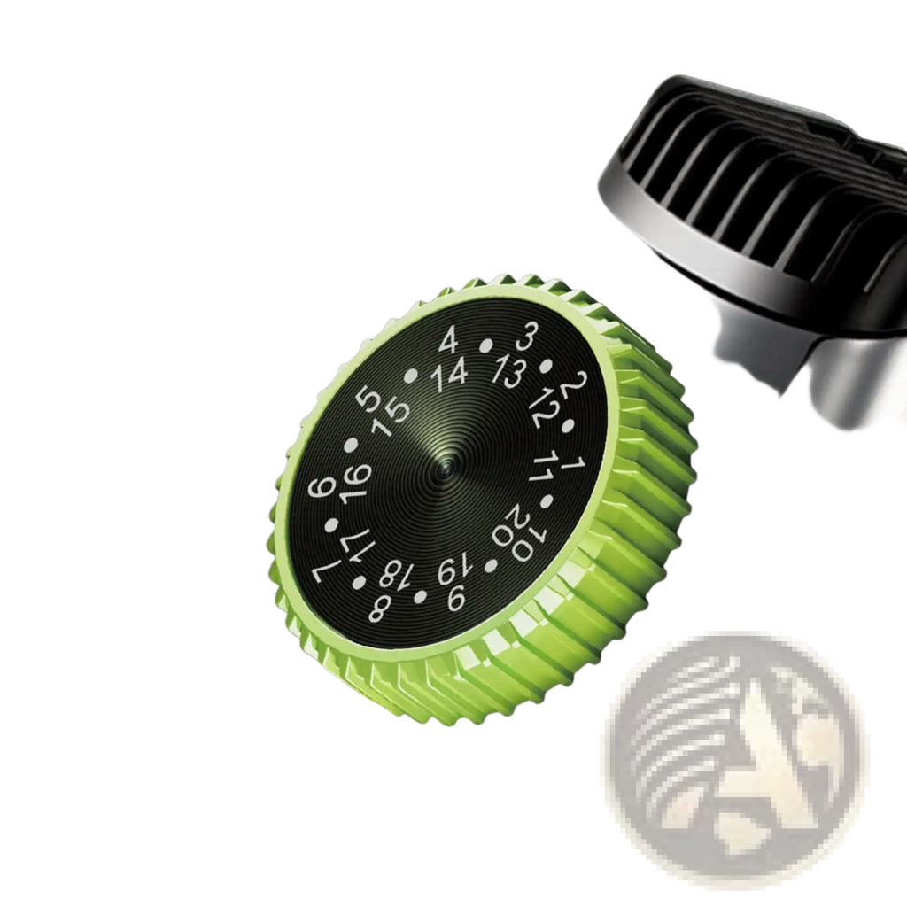 Electric hair trimmer with vacuum and digital display featuring green and black precision wheel shaving length adjustment dial on silver body