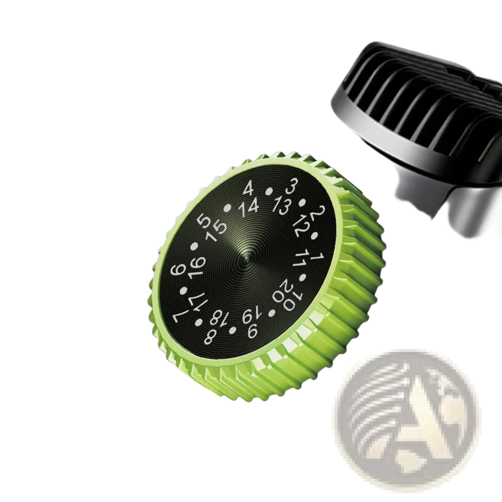 Electric hair trimmer with vacuum and digital display featuring green and black precision wheel shaving length adjustment dial on silver body