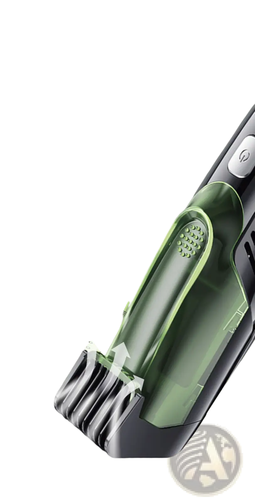 Green and black electric hair trimmer with vacuum and digital display featuring a sleek modern design