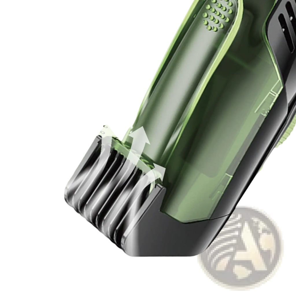 Green and black electric hair trimmer with vacuum and digital display featuring multiple adjustable blades for precise grooming
