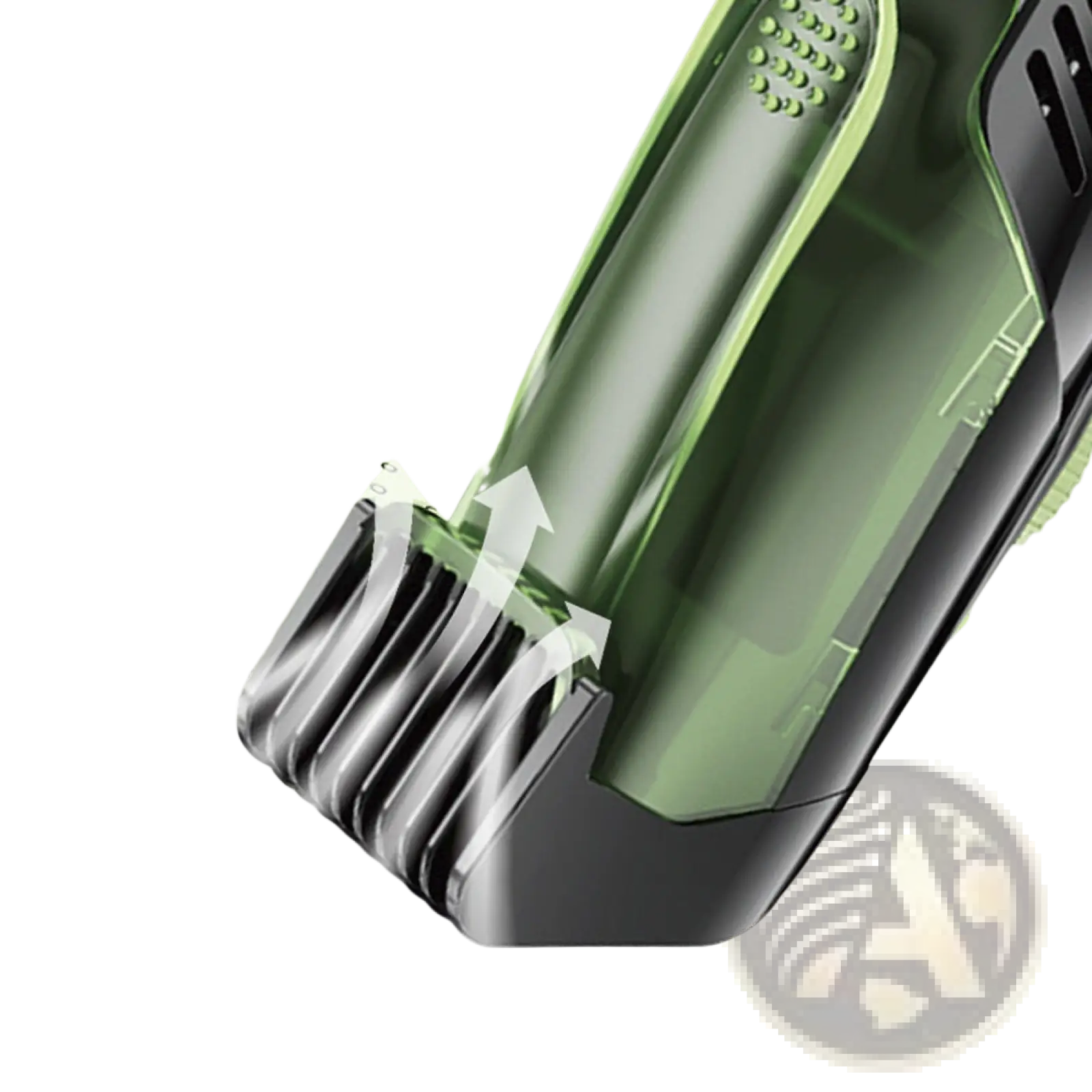 Green and black electric hair trimmer with vacuum and digital display featuring multiple adjustable blades for precise grooming