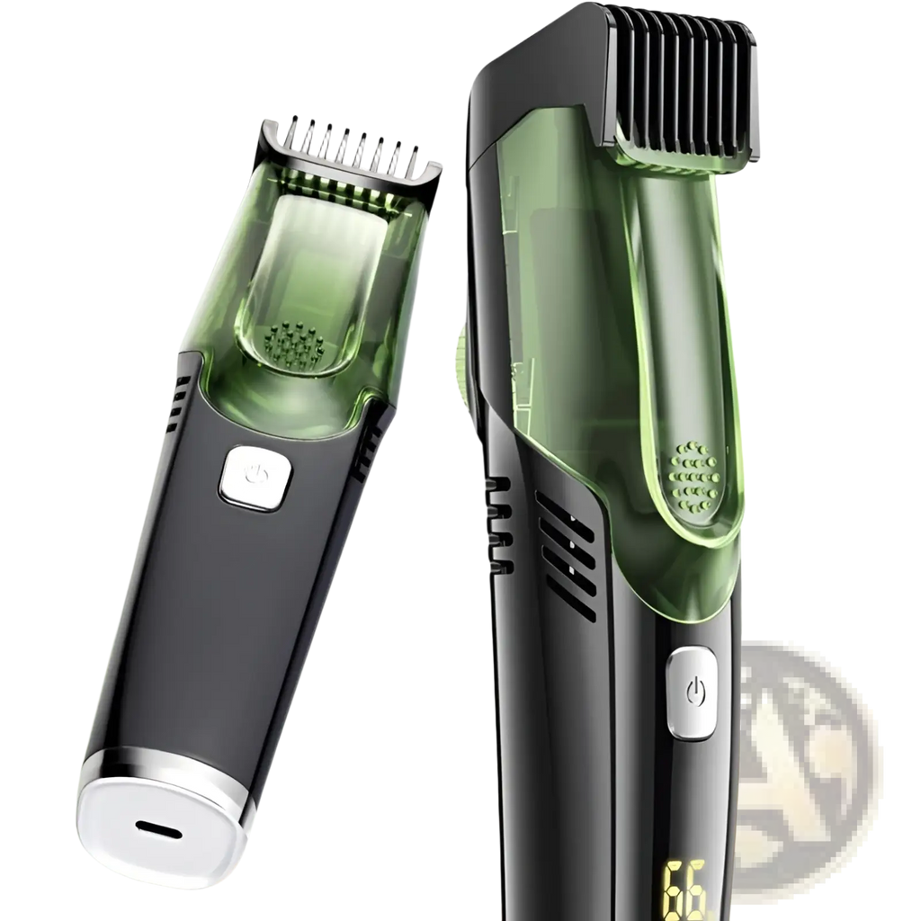 Electric hair trimmer with vacuum and digital display in green and black cordless sleek modern design