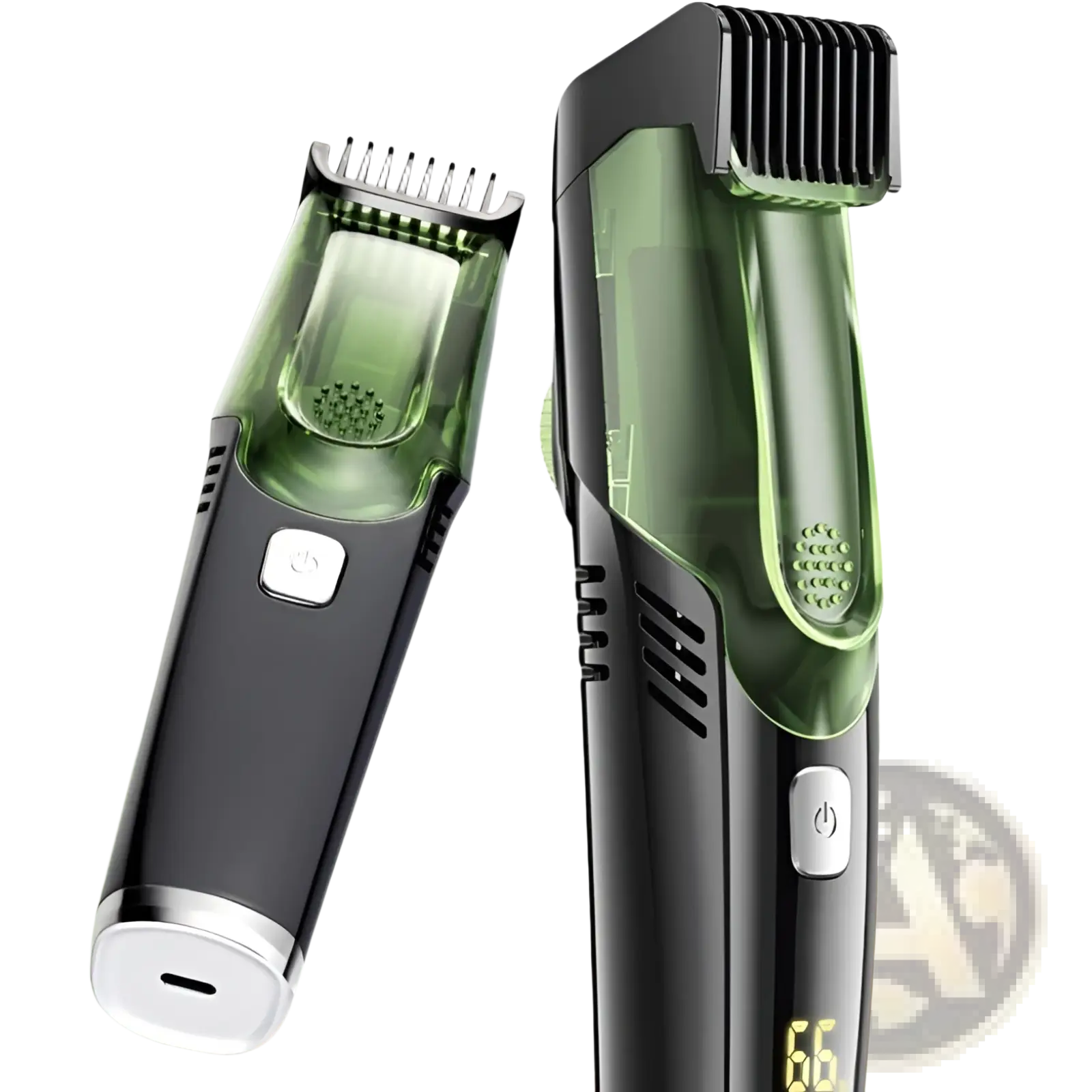 Electric hair trimmer with vacuum and digital display in green and black cordless sleek modern design