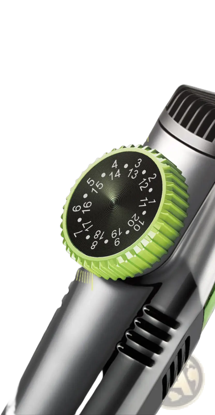 Silver and lime green precision shaving wheel with numbered length settings on electric hair trimmer with vacuum