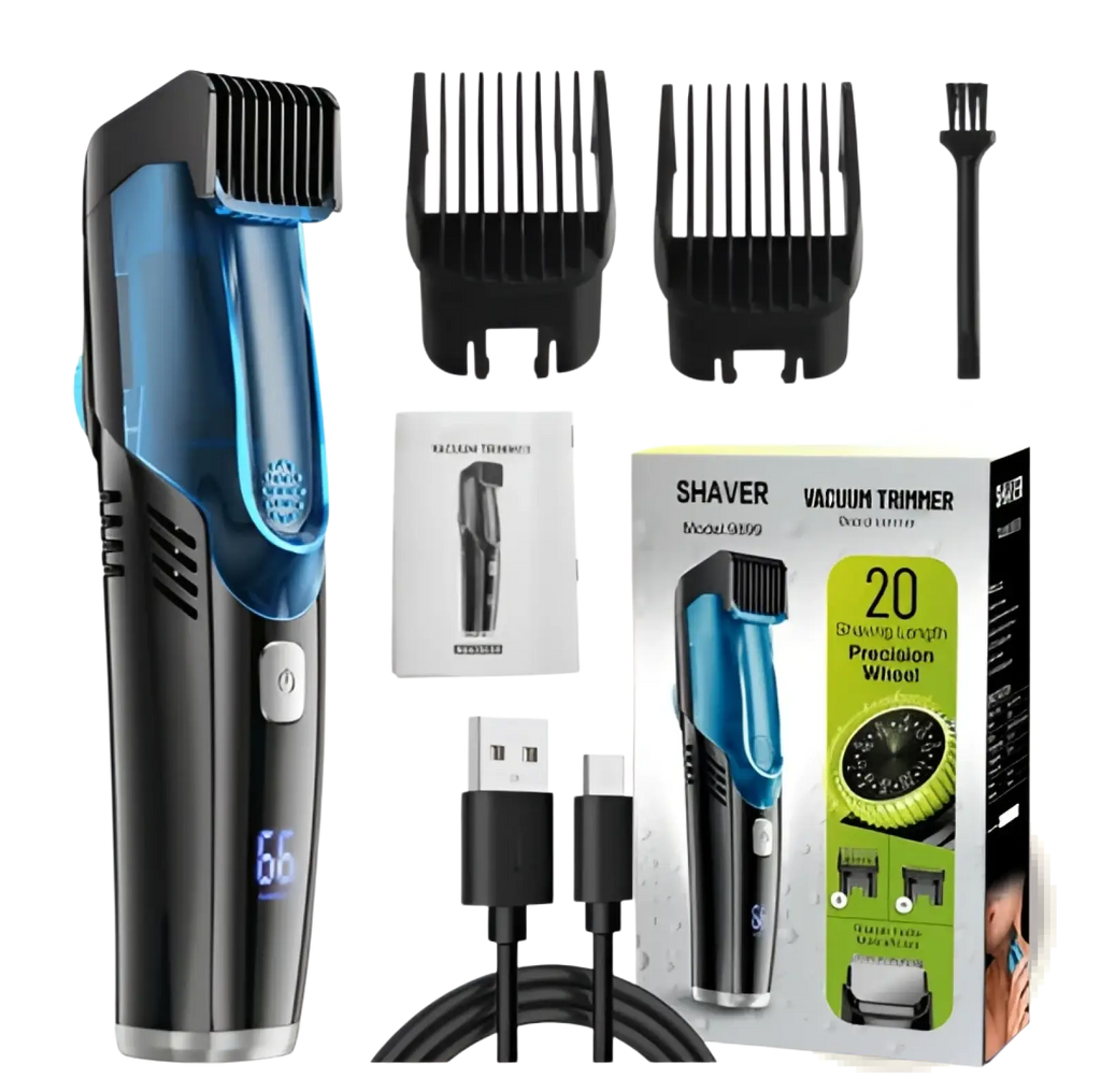 Electric hair trimmer with vacuum digital display in blue and black featuring precision wheel for 20 length settings