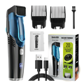 Electric hair trimmer with vacuum digital display in blue and black featuring precision wheel for 20 length settings