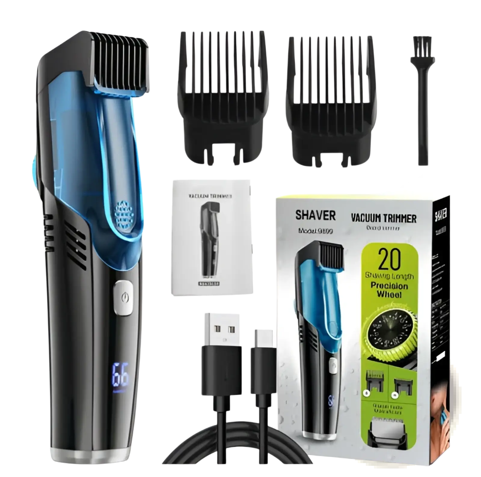 Electric hair trimmer with vacuum digital display in blue and black featuring precision wheel for 20 length settings