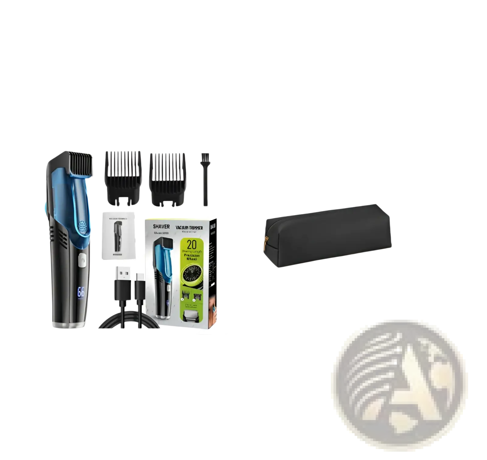 Blue and black electric hair trimmer with vacuum feature digital display and multiple attachments for precise grooming