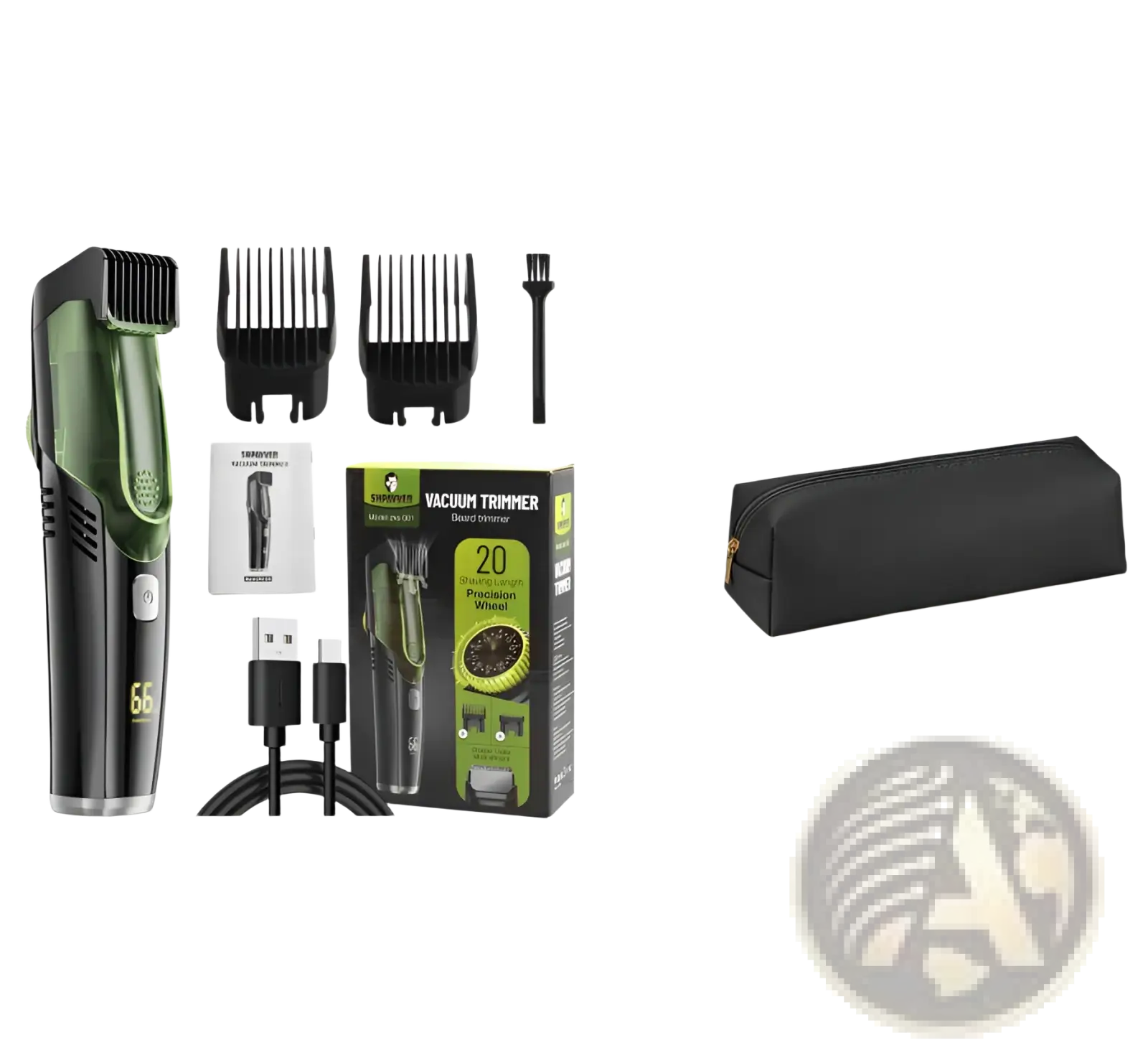 Green and black electric hair trimmer with vacuum and digital display featuring multiple attachments for precision grooming