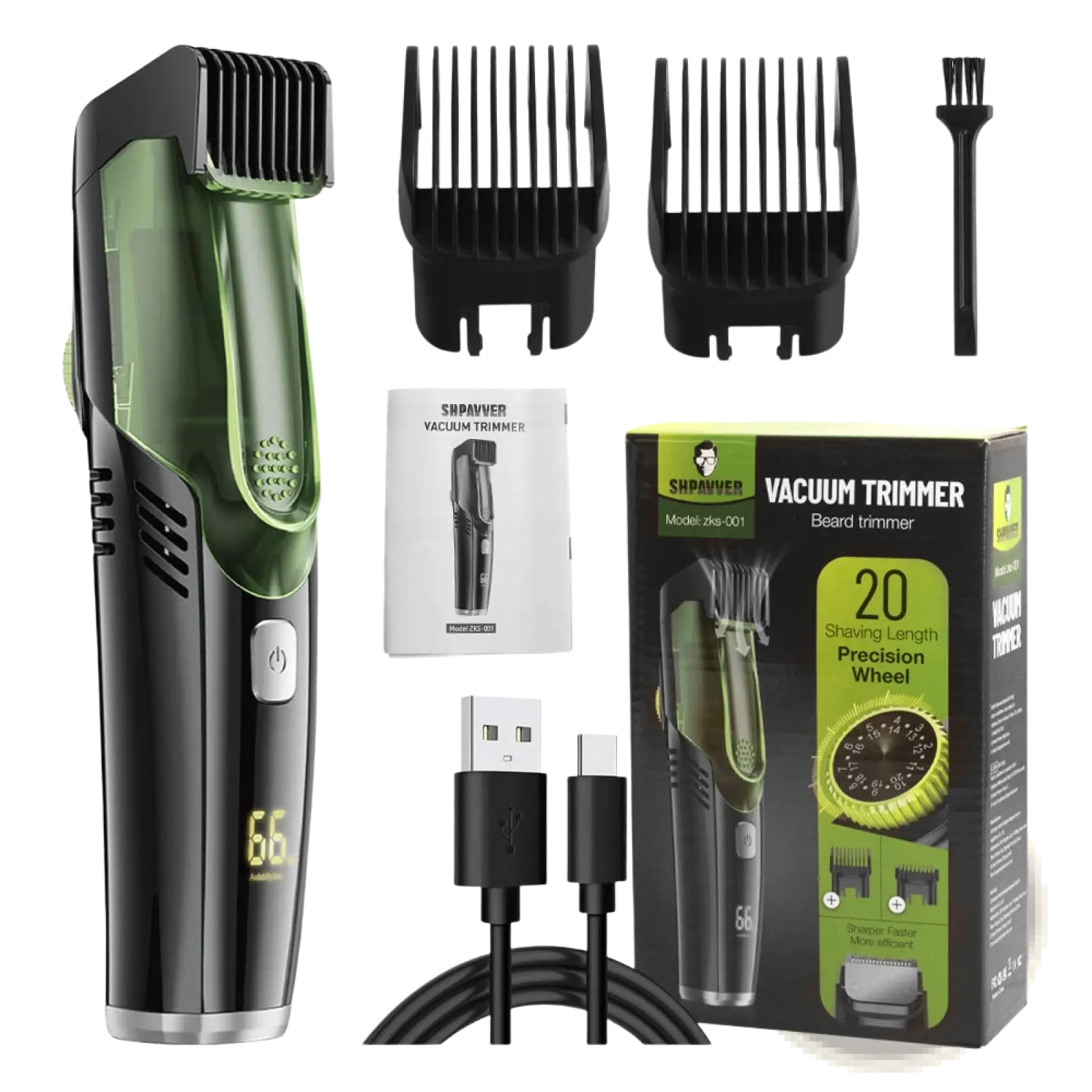 Black and green electric hair trimmer with vacuum digital display and precision wheel for beard grooming