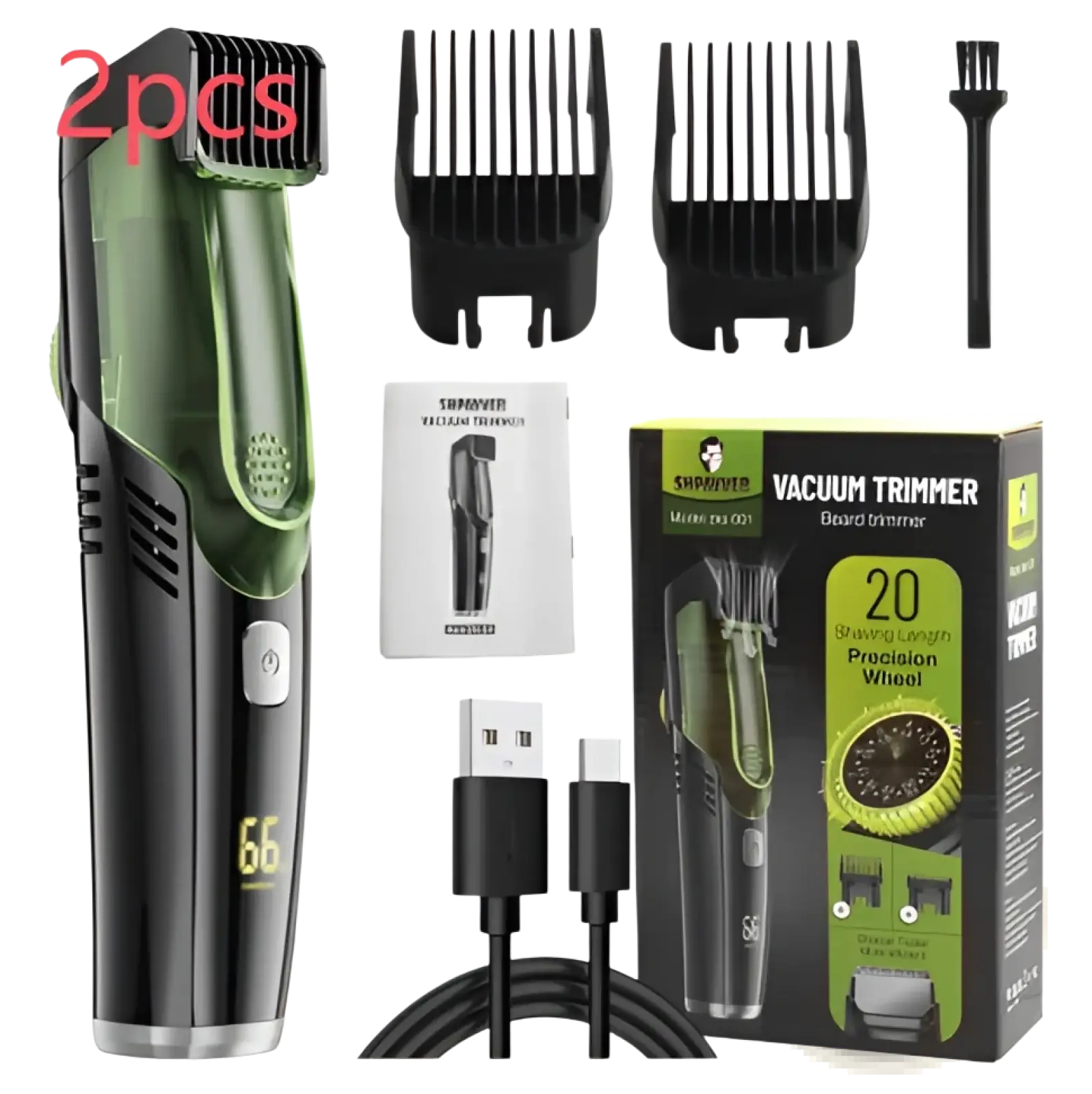 Green and black sanyovac electric hair trimmer with vacuum and digital display featuring 20 precision length settings